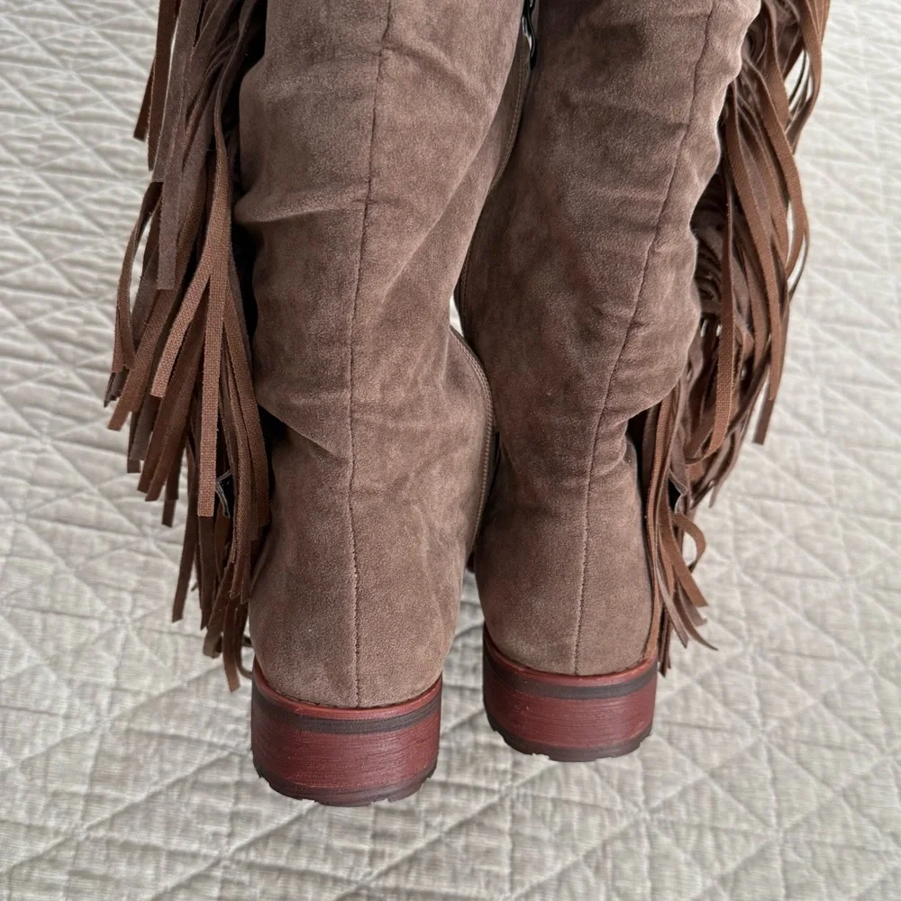 NWOB Brown Vegan Suede Over Knee Fringe Riding Boot Lined Western Boho Sz 6.5